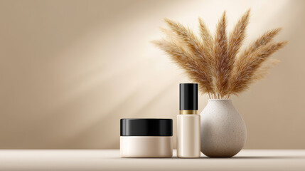 Elegant Beige And Gold Cosmetic Packaging With Pampas Grass