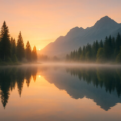 Fototapeta premium Sunrise Over Misty Alpine Lake with Forest Reflection and Mountain Peaks 
