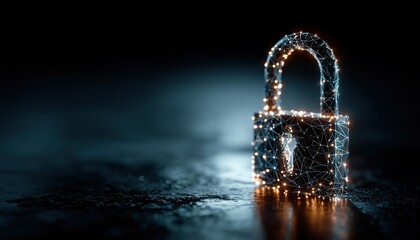 Glowing Digital Padlock Illustration with Interconnected Lines and Dots on Dark Blue Background. Symbolizing Cybersecurity, Data Protection, and Network Safety with Copy Space.