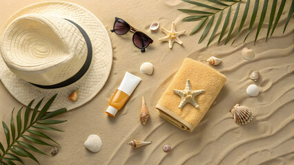 Beach vacation essentials arranged on warm sand featuring a straw hat, sunglasses, towel, sunscreen and seashells for a summer getaway