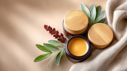 Top View of Organic Skincare Jars Flowers and Beige Cloth on Neutral Background