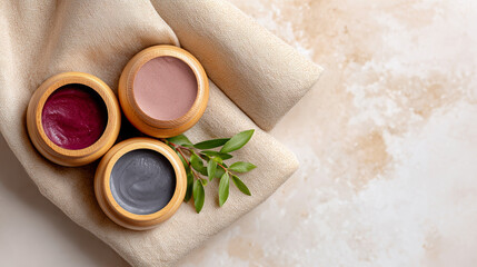 Elevated Skincare Collection Three Bowls Of Colored Creams On Beige Fabric