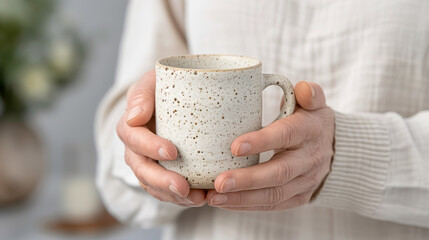 Close up of Hands Holding a Speckled Ceramic Mug
