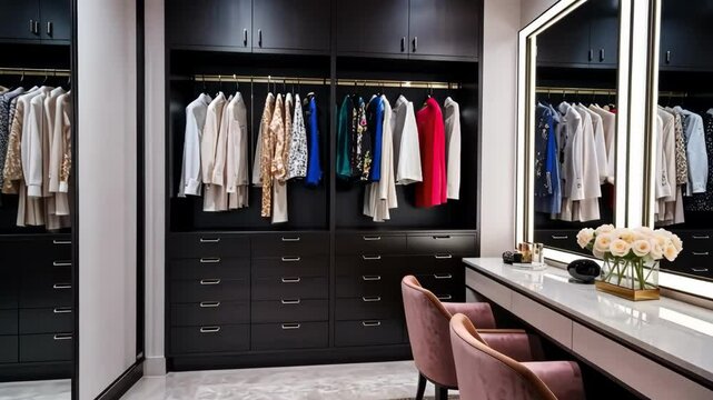 Luxurious walk-in closet with clothing, accessories, mirror, and vanity table. Stylish storage, interior design, and home decor.