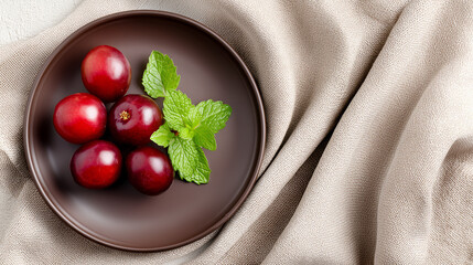 Overhead View of Cherries and Mint on a Brown Plate with Fabric Background