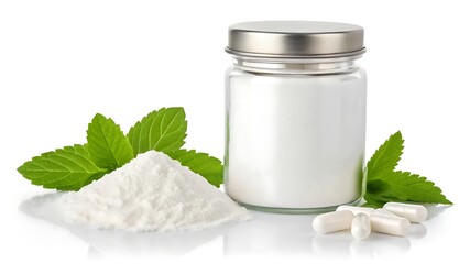  Health Supplement Display with White Powder, Capsules, Mint and Jar