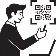 Illustration of a man pointing at a qr code with a laptop in black and white simple vector art