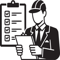 Man in suit with hard hat holding clipboard next to checklist on a clipboard in black and white