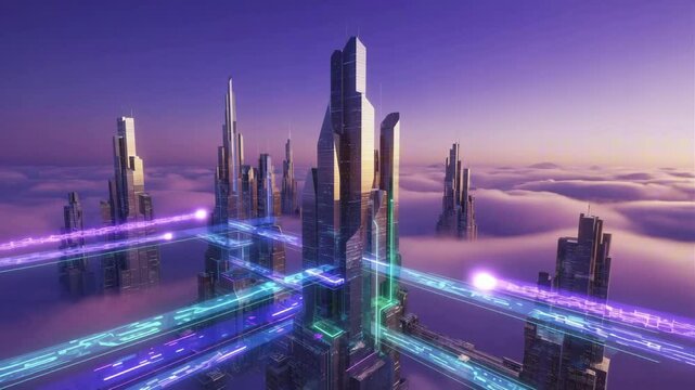 Futuristic smart city skyline at dusk, glowing data streams flowing through buildings