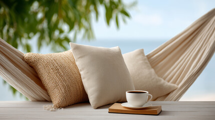Cozy Hammock Scene With Pillows And A Coffee Cup On A Sunny Beach Setting