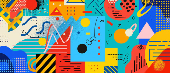 Colorful geometric composition with abstract shapes and textures seamlessly interwoven