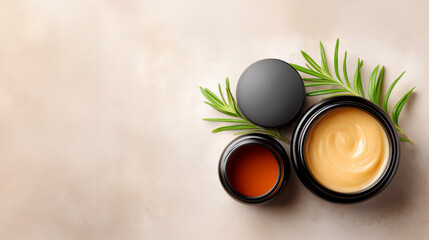 Overhead Shot of Skincare Products on a Beige Surface