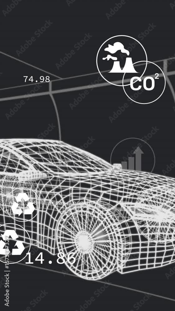Poster animation of multiple digital icons over 3d car model moving in seamless pattern in a tunnel