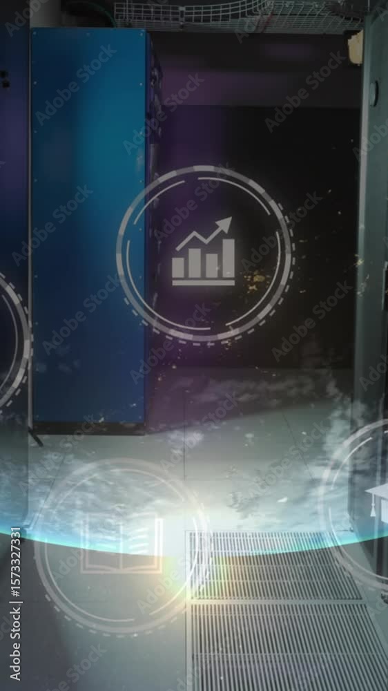 Poster animation of multiple digital icons over globe against computer server room