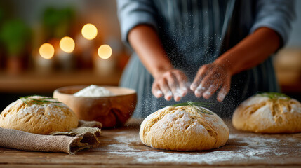 Person Sprinkling Flour Over Bread Loaves On Wooden Table In Kitchen Baking Scene