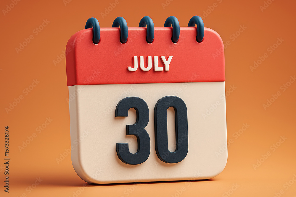 Fototapete 3D Rendered Calendar Displaying July 30th Date Reminder with Red and Beige Color Scheme on Orange Background for Planning and Scheduling
