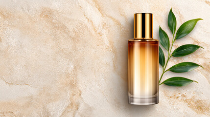 Amber Glass Perfume Bottle with Gold Cap on Beige Surface