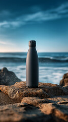 Stainless Steel Water Bottle on Coastal Rock With Ocean and Morning Light