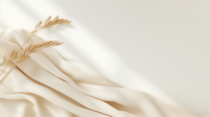 Beige Fabric Draped with Dried Wheat on White Background