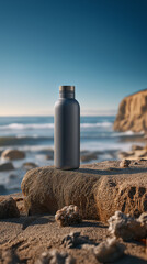 Stainless Steel Water Bottle on Coastal Rock With Ocean Mist and Light