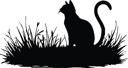Peaceful silhouette vector featuring a solitary cat seated gently in a wild patch of grass, its tail curled with quiet curiosity, embodying themes of solitude, observation, and natural serenity 