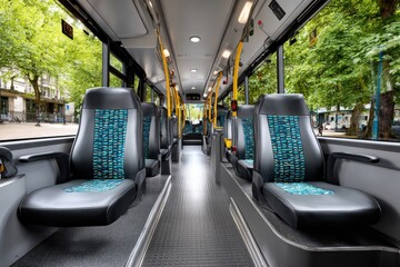 Modern city bus interior showcasing spacious seating and vibrant decor while parked in a tree-lined urban area during daylight hours