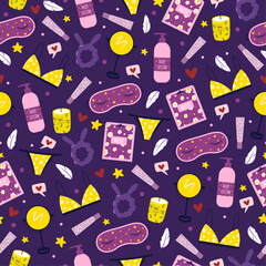 Hand drawn seamless vector pattern with self care things and items. Pajama party background. Cute girl routine wallpaper