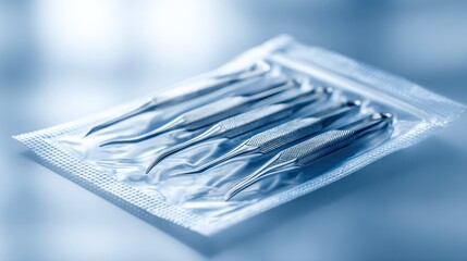 Close-up of metal tweezers in plastic packaging