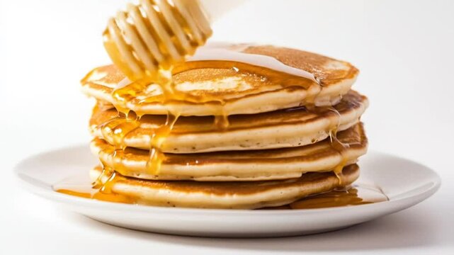 A stack of pancakes on a white plate is drizzled with honey from a honey dipper.