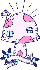 scroll banner with tattoo style toadstool house in bright neon color