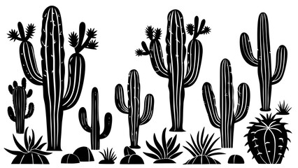 Cactus Desert Silhouettes Set – Large Pack of Vector Cacti Shapes on Isolated White Background for Nature and Landscape Design

