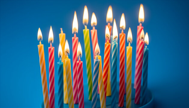 A festive arrangement of colorful birthday candles with glowing flames, creating a cheerful atmosphere.