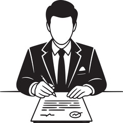 Illustration of a faceless man in a suit signing a document on a desk with a pen in his hand