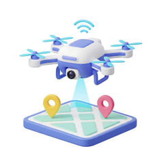 3D drone delivery concept. Quadcopter flying over map with location pins. Isolated on transparent background, png