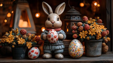 Decorative easter bunny figurine with decorated eggs and flowers.