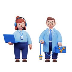 3D IT support team characters. Female operator and male network technician. Isolated on transparent background, png