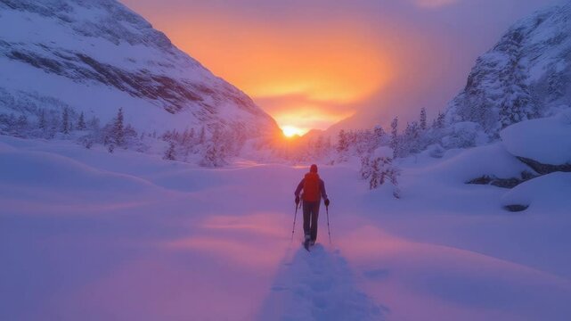 A lone skier on a mountain trail enjoying the sunset and solitude of the snow-covered landscape.