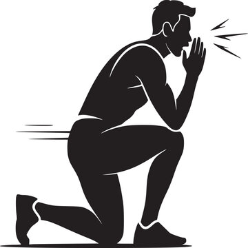 recommend clip art: Silhouette of a man kneeling and shouting with his hand cupped around his mouth on a light background
