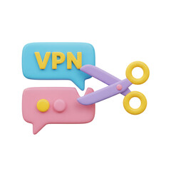 3D VPN disconnection concept. Scissors cutting a secure connection chat bubble. Isolated on transparent background, png