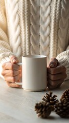Cozy Hands Holding Blank White Mug with Pine Cones and Knitted Sweater