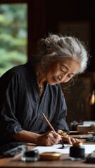 medium shot, elderly Asian female calligrapher writing at desk, traditional paper and ink, cultural heritage, tranquil mood, natural daylight
