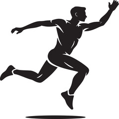 Silhouette of a man running with arm raised against a light gray background in a stylized design
