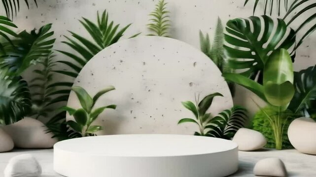 A white cylindrical platform sits amidst tropical foliage and textured backdrop.