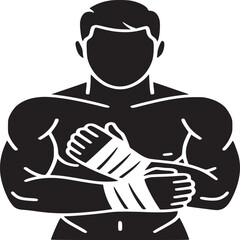 A stylized black and white illustration of a muscular man with wrapped hands in a fighting stance