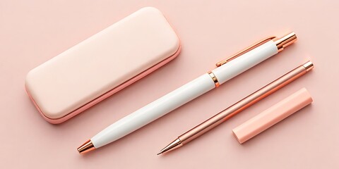 Elegant Pink and Rose Gold Stationery Flat Lay on Pastel Background