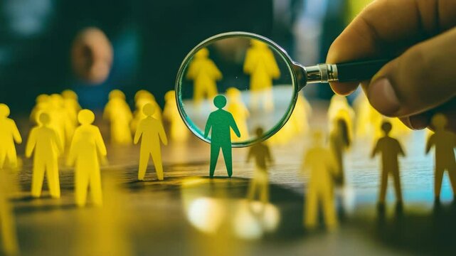 Person using magnifying glass to find solution among yellow figures representing team collaboration.