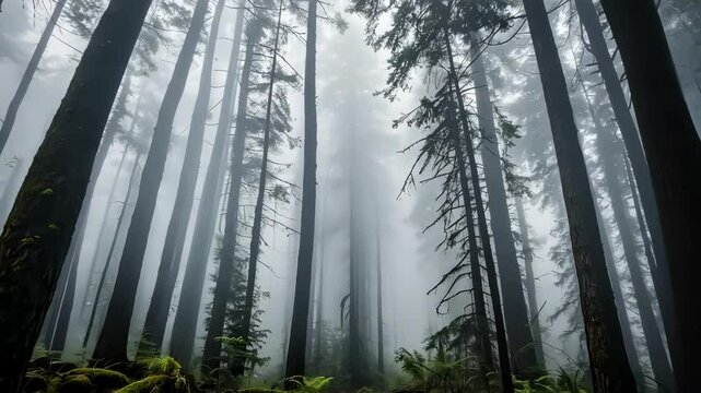 Mystical forest with tall trees and fog, peaceful nature landscape scene.