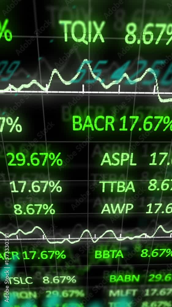 Poster animation of trading board and multiple graphs and globe over black background