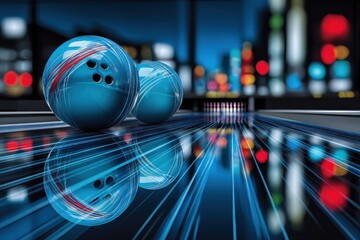 Vibrant night bowling alley with glowing blue balls ready for action in a cityscape