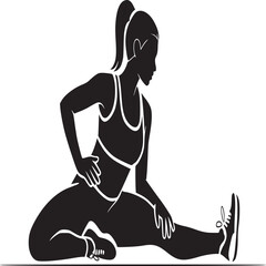Silhouette of a woman stretching her leg while sitting on the floor in athletic wear and sneakers